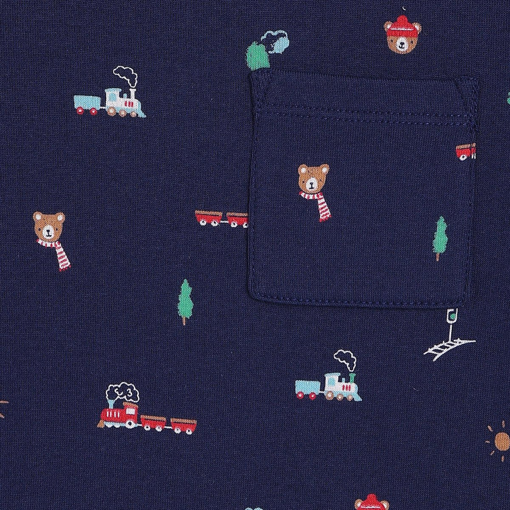 Navy long sleeve baby top with train and teddy print