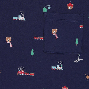 Navy long sleeve baby top with train and teddy print