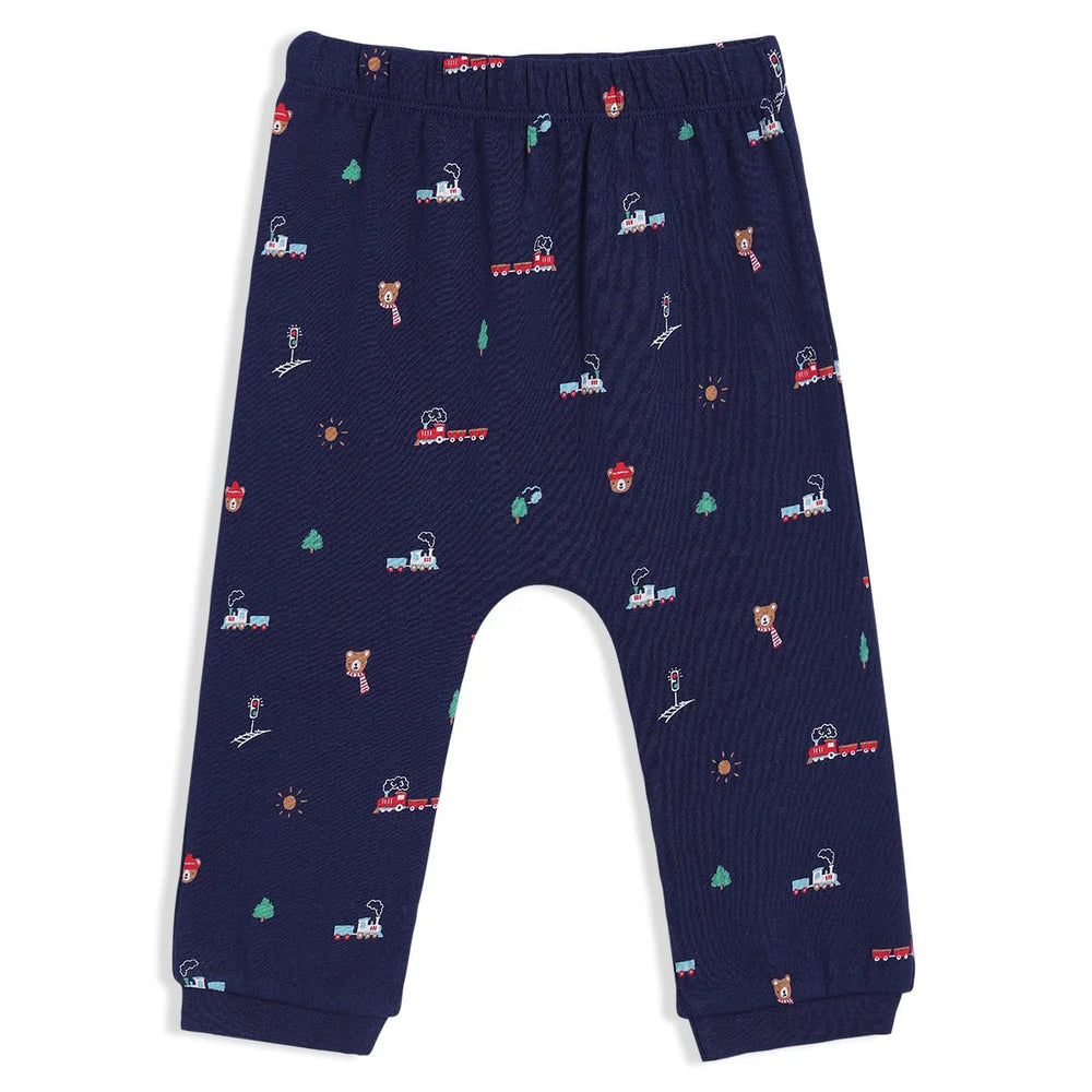 Navy baby joggers with matching train and teddy print