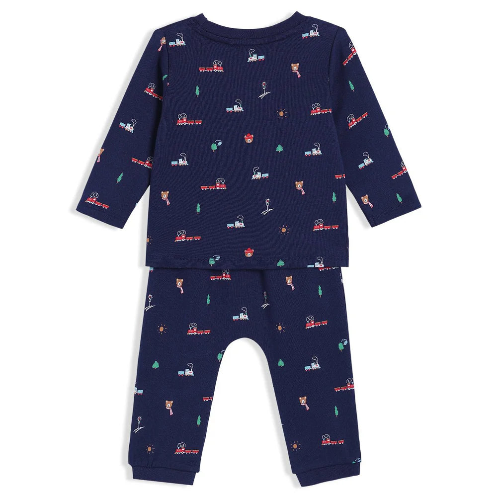 Navy baby boy top and joggers set with chest pocket and ribbed hems