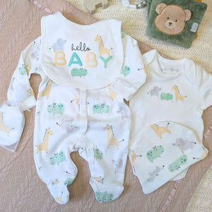 Baby clothing gift set with safari animals in green and yellow.
