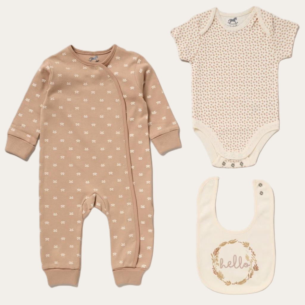 Neutral Hello Bow 3 Piece Baby Clothing Set