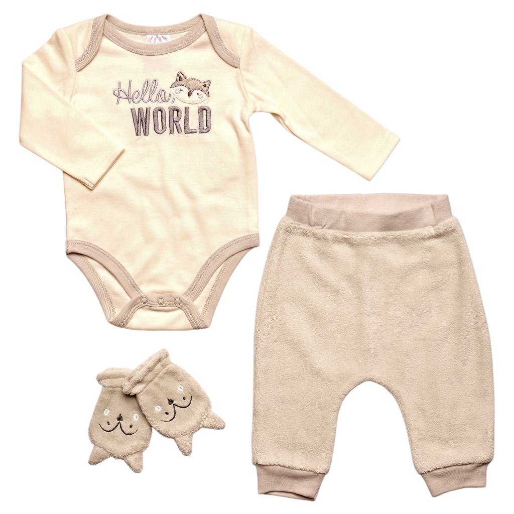 Cream/beige baby outfits with longsleeved bodysuit and legs.
