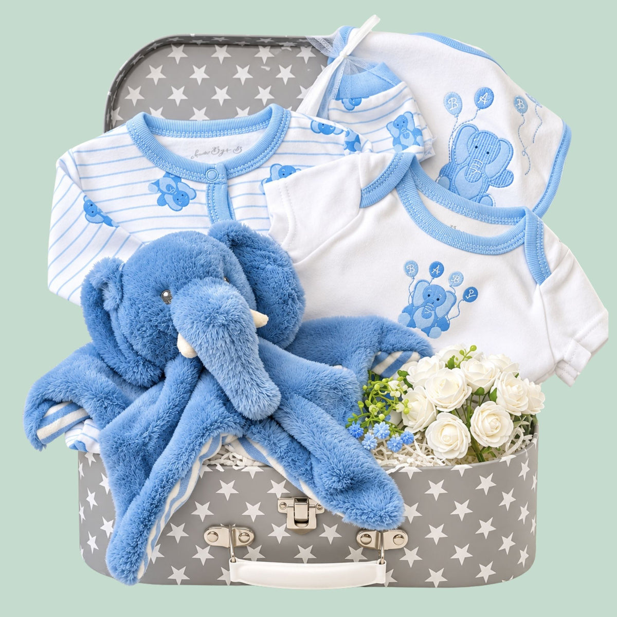 Baby boy gifts hamper with blue eco elephant comforter and an elephant clothing set designed by Bumbles and Boo