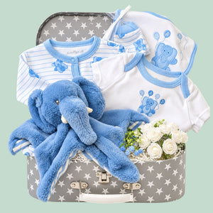 Baby boy gifts hamper with blue eco elephant comforter and an elephant clothing set designed by Bumbles and Boo