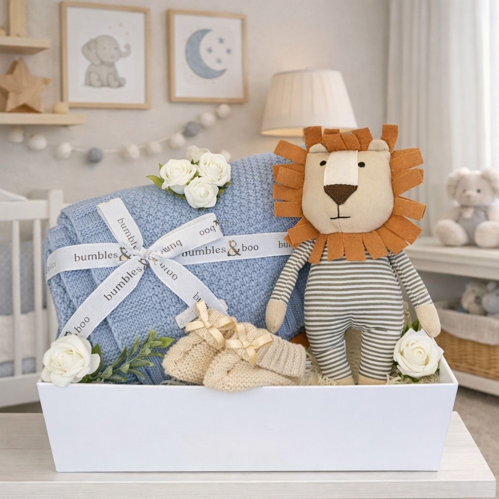 Baby boy hamper in a white gifts box with blue blanket and lion soft toy. Bumbles and Boo.