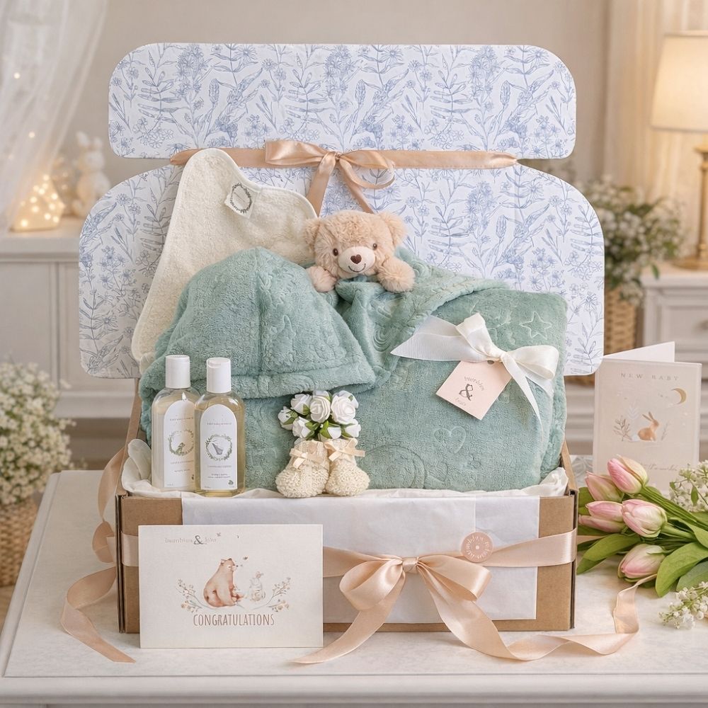 New baby boy hamper in an eco friendly gift box. Gifts include sage green dressing gown, blanket and skincare set