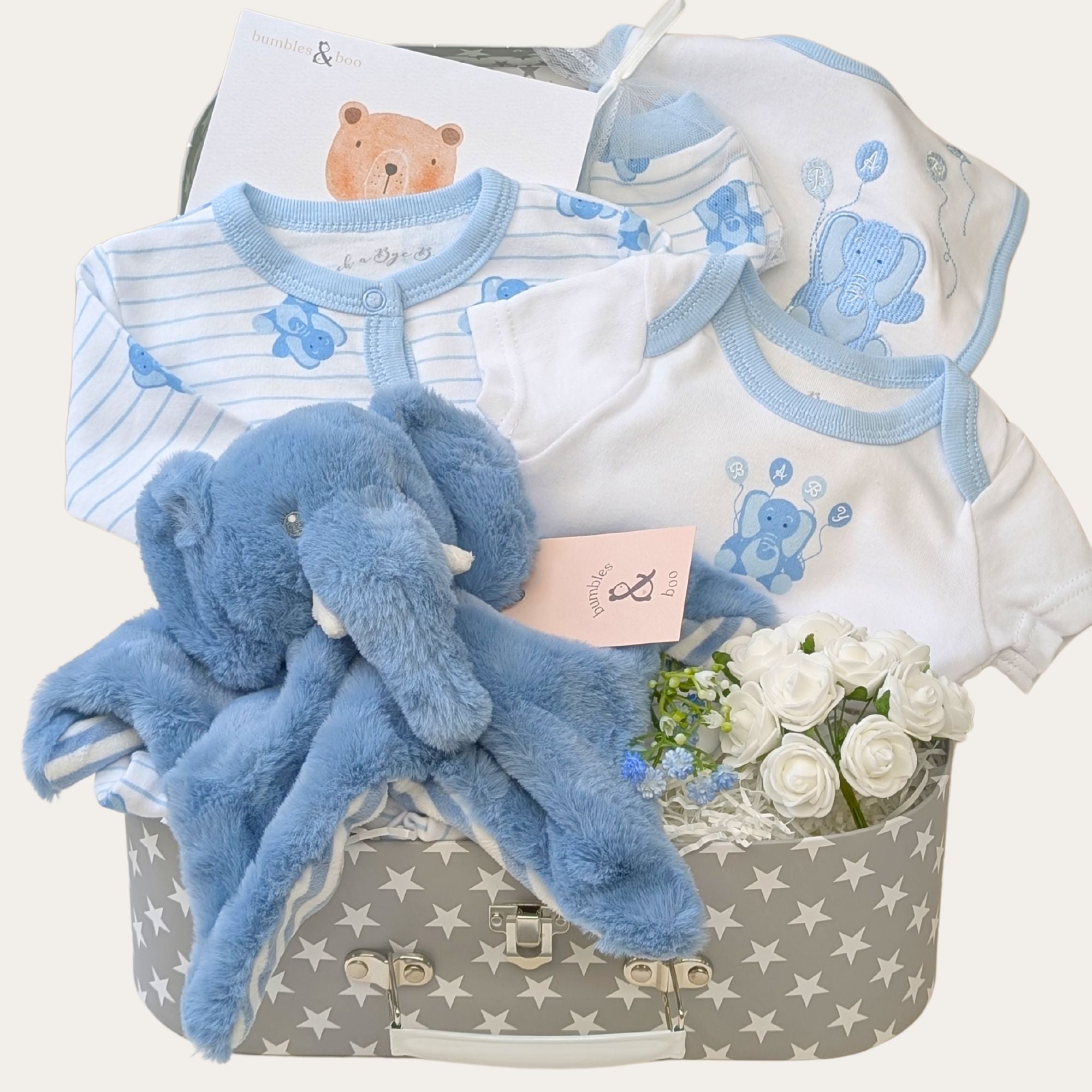 Baby boy gifts hamper with blue elephant comforter and an elephant clothing set designed by Bumbles and Boo