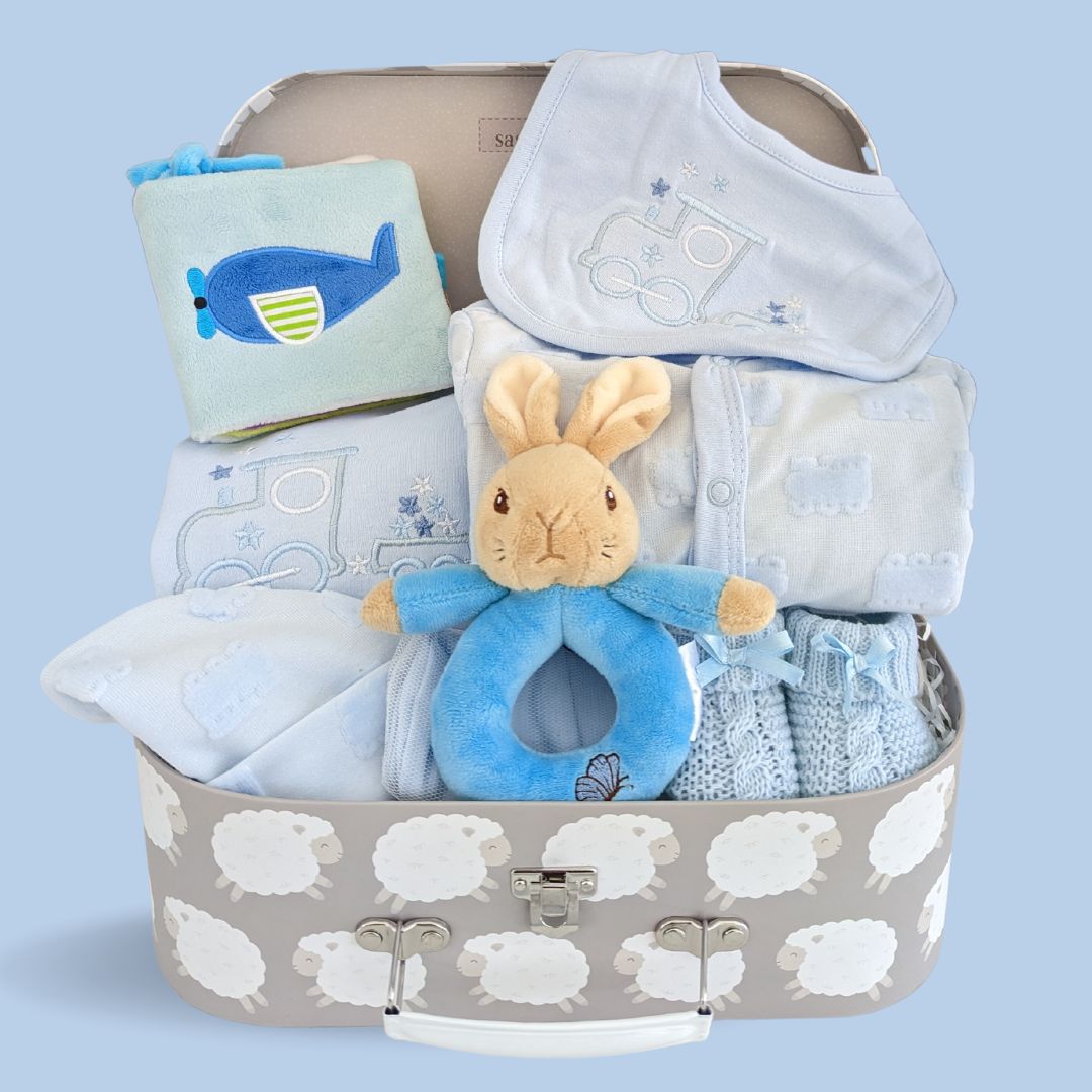 New baby boy gifts, hamper trunk with train clothing set and buggy book.
