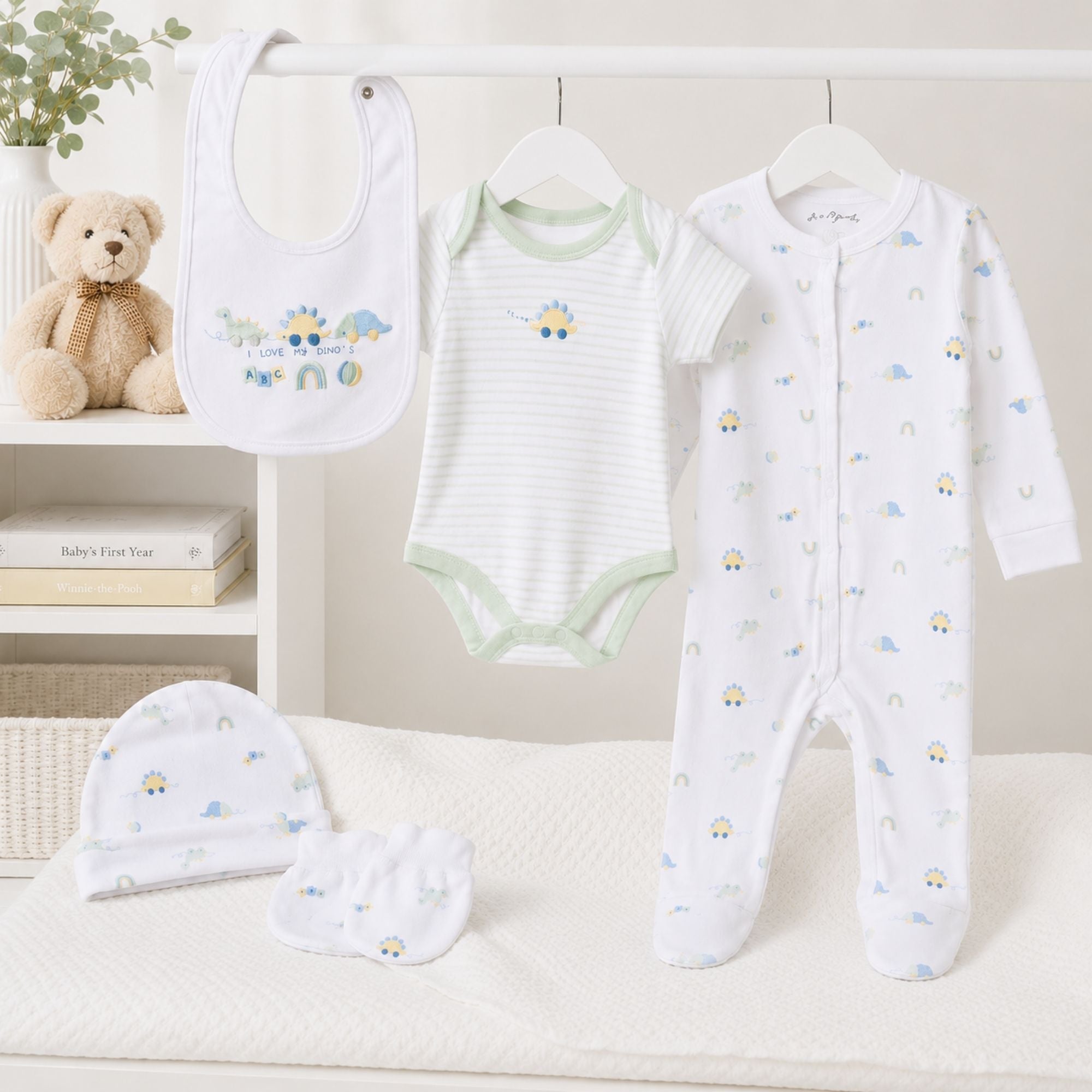 baby dinosaur clothing gift  set with bodysuit bib hat mittens and sleepsuit
