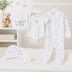 baby dinosaur clothing gift  set with bodysuit bib hat mittens and sleepsuit