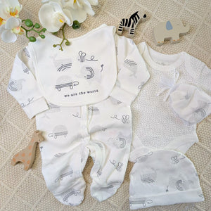 White baby clothes set with grey animal design.