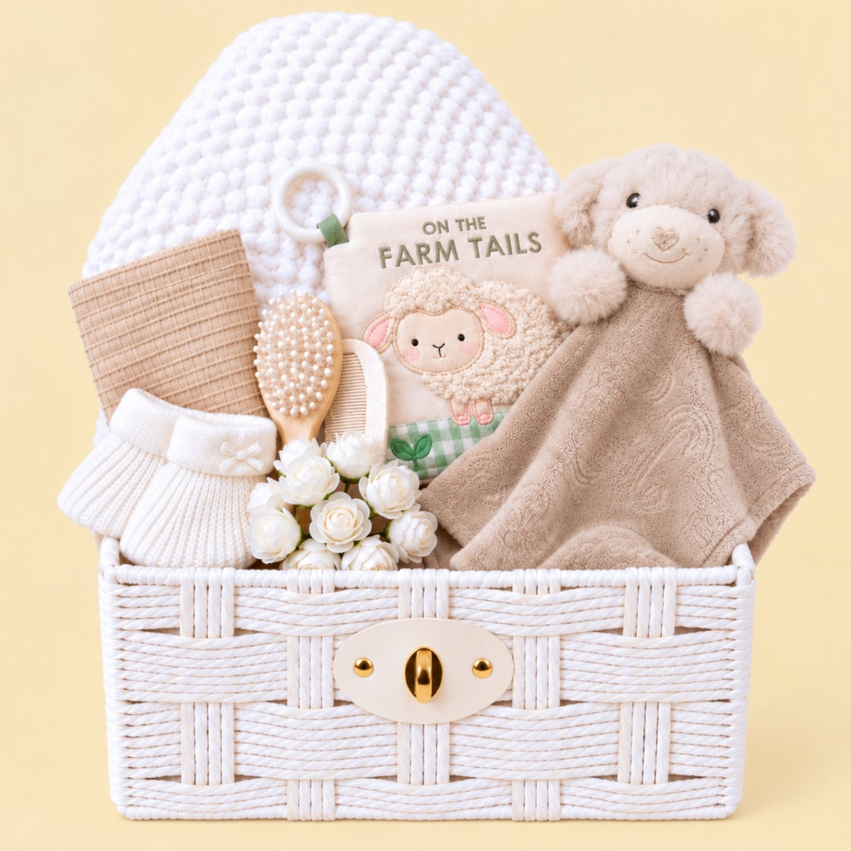 Newborn Baby Gifts Hamper Basket  with blanket and white clothes. Hamper by Bumbles and Boo.