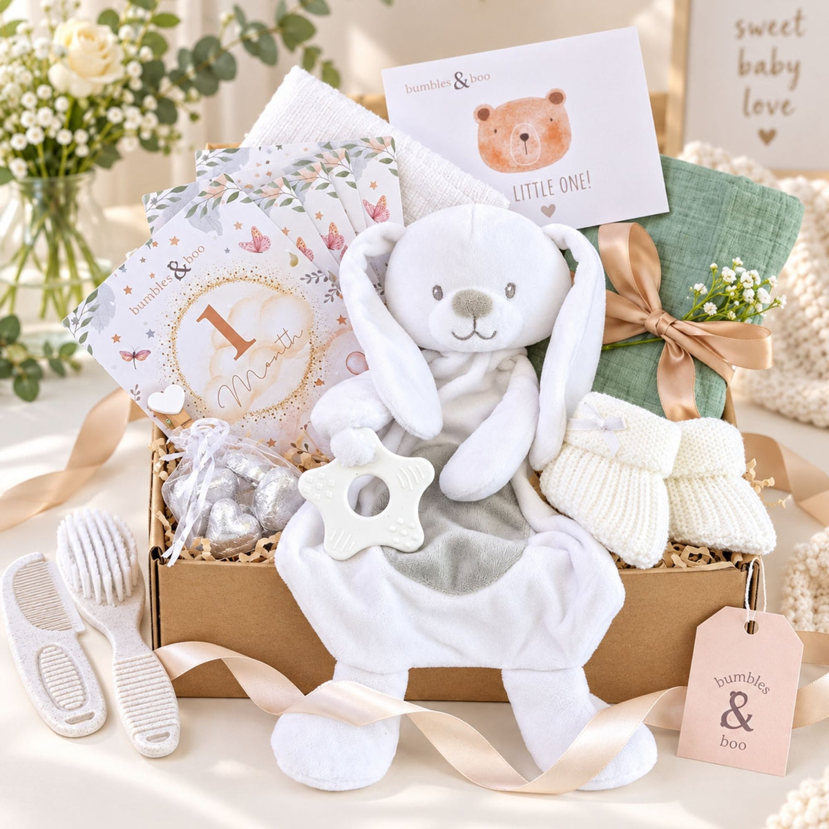 New baby gifts box by Bumbles and Boo. This hamper features a white bunny comforter and presents for a newborn. Bumbles and Boo.