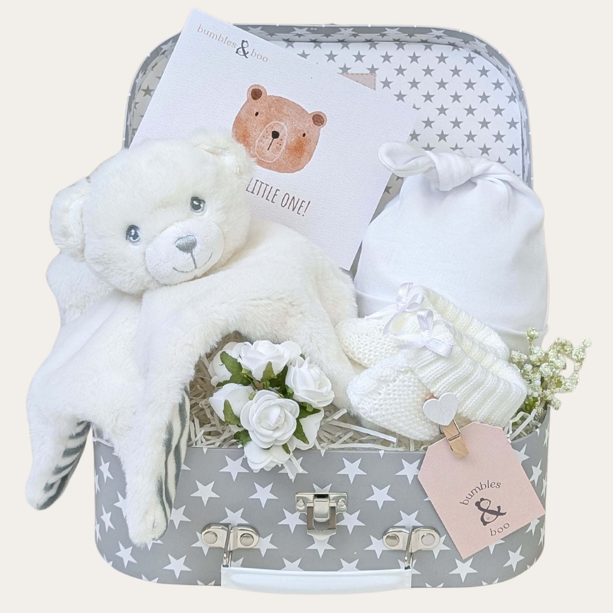New baby gifts hamper with white teddy bear comforter and baby essentials by Bumbles and Boo.