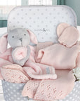 new baby gifts hamper with pink bunny comforter and knit clothing set
