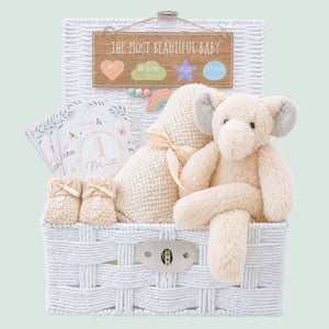A neutral new baby gifts hamper with a cream elephant theme and bamboo blanket presented in a white basket.