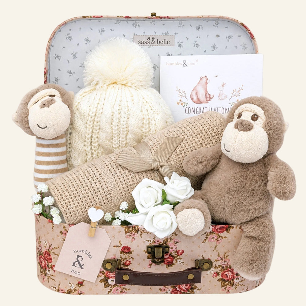 New baby gifts and presents set with monkey soft toys, beige baby hat and breathable cellular blanket – ideal baby hamper for newborns