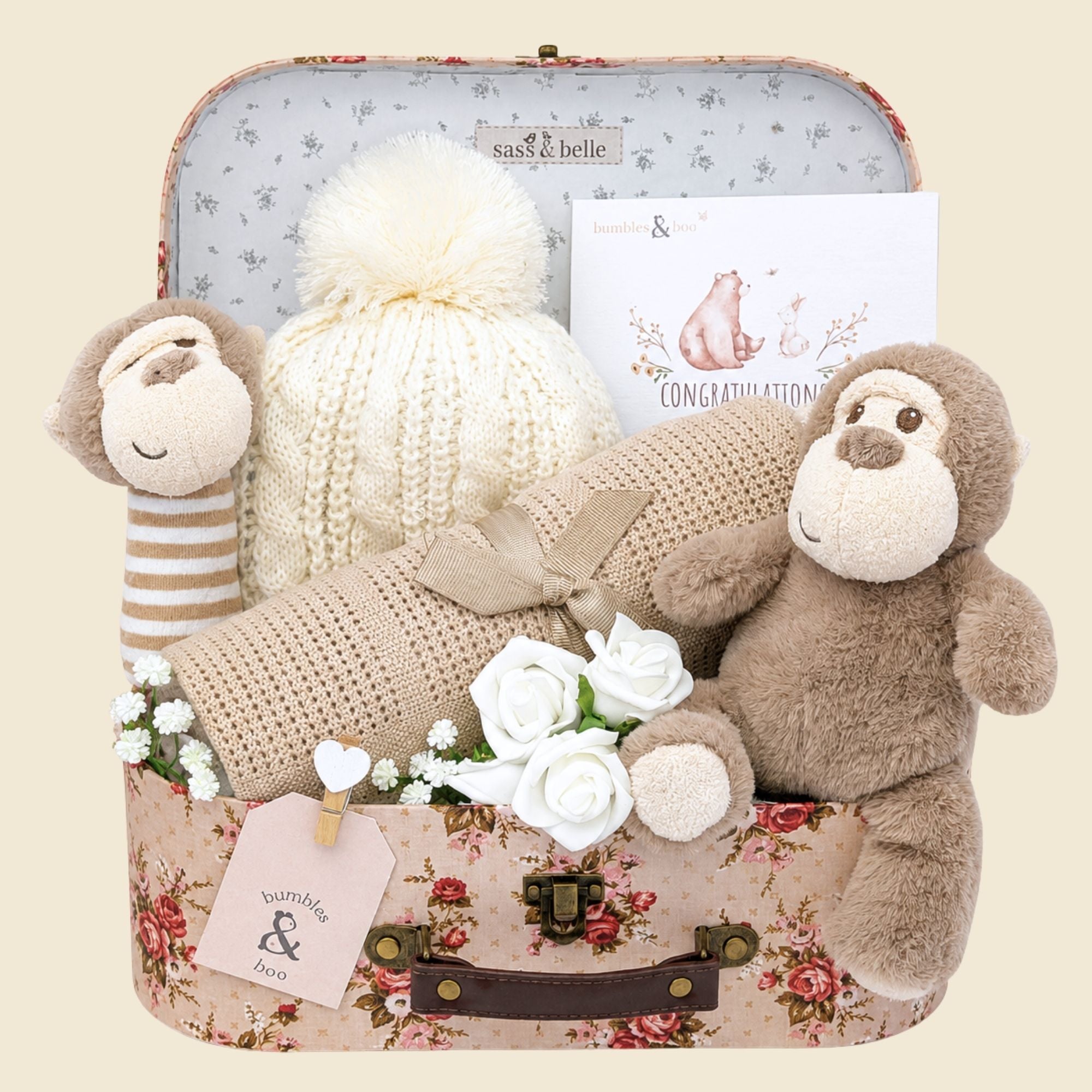 New baby gifts and presents set with monkey soft toys, beige baby hat and breathable cellular blanket – ideal baby hamper for newborns