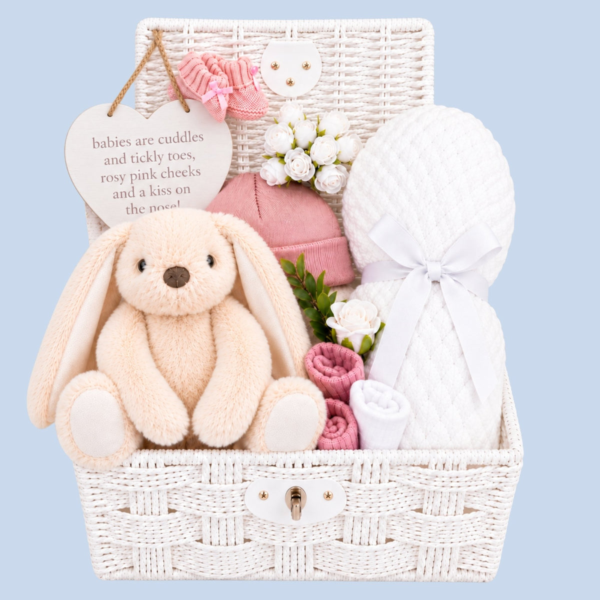 Baby girl gifts in a hamper basket, includes a bunny soft toy and baby blanket plus pink hat and mittens