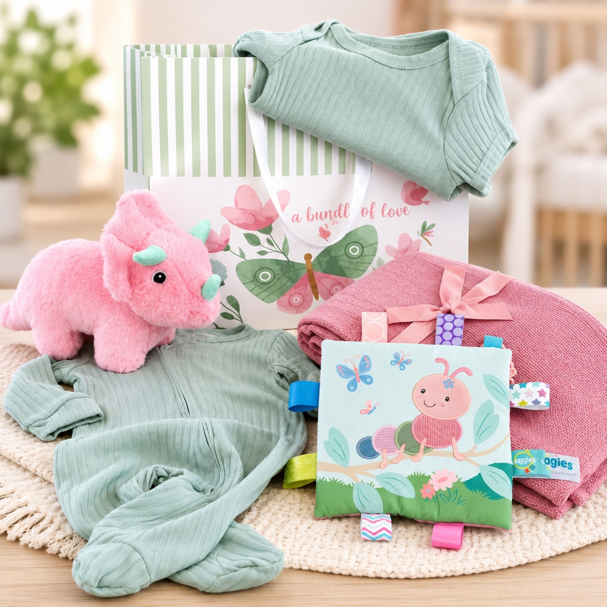A baby girl gifts bag hamper with eco-friendly dinosaur soft toy and sage green baby clothing