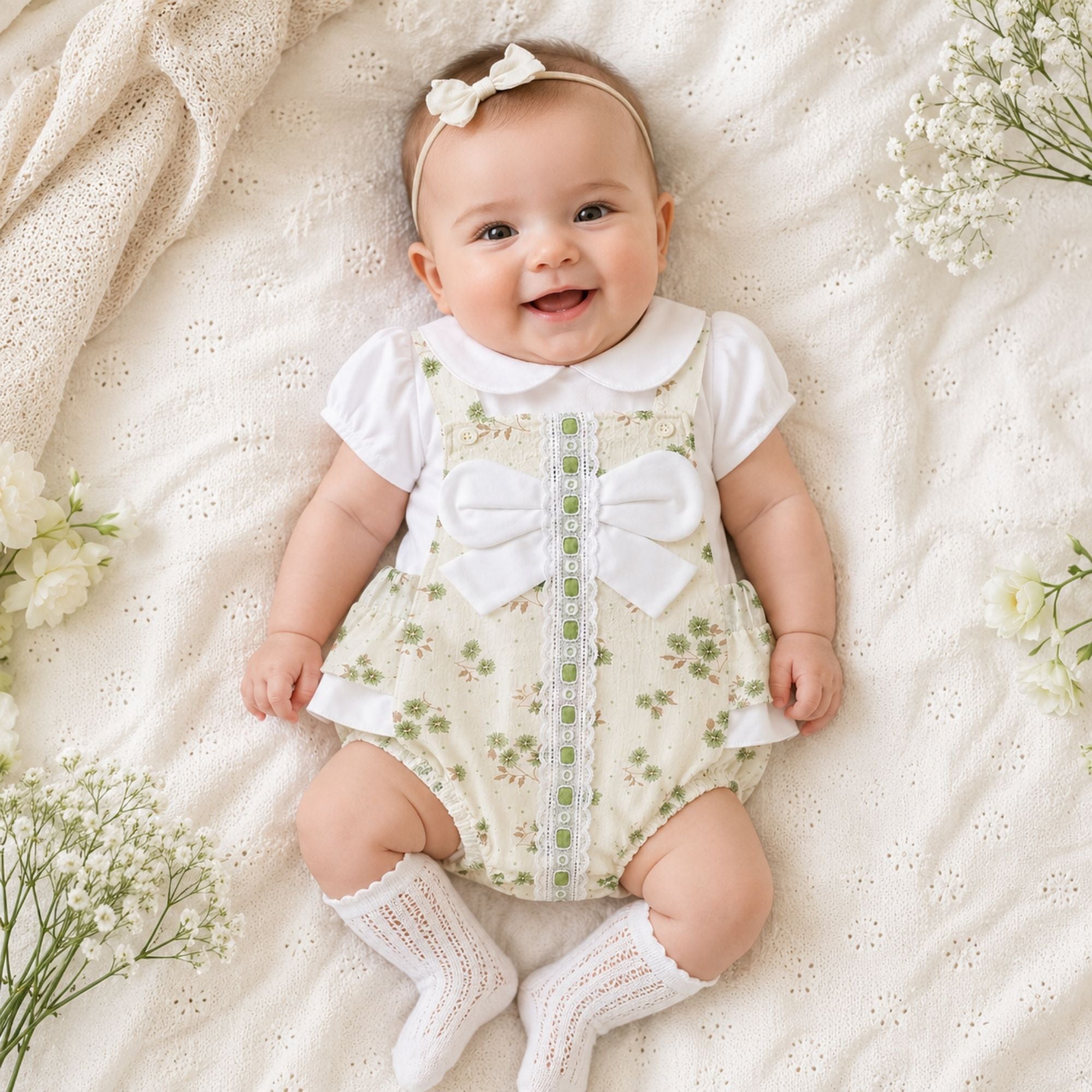 Floral baby girl Spanish romper in white and sage green with lace trim and bow, traditional style baby clothes outfit.