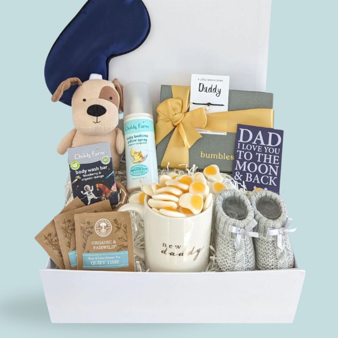 new dad hamper with pamper gifts for dad and presents for baby