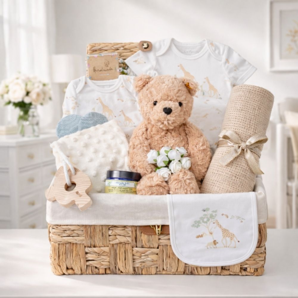 New mother hamper basket packed with gifts for mummy & baby with Steiff teddy. 