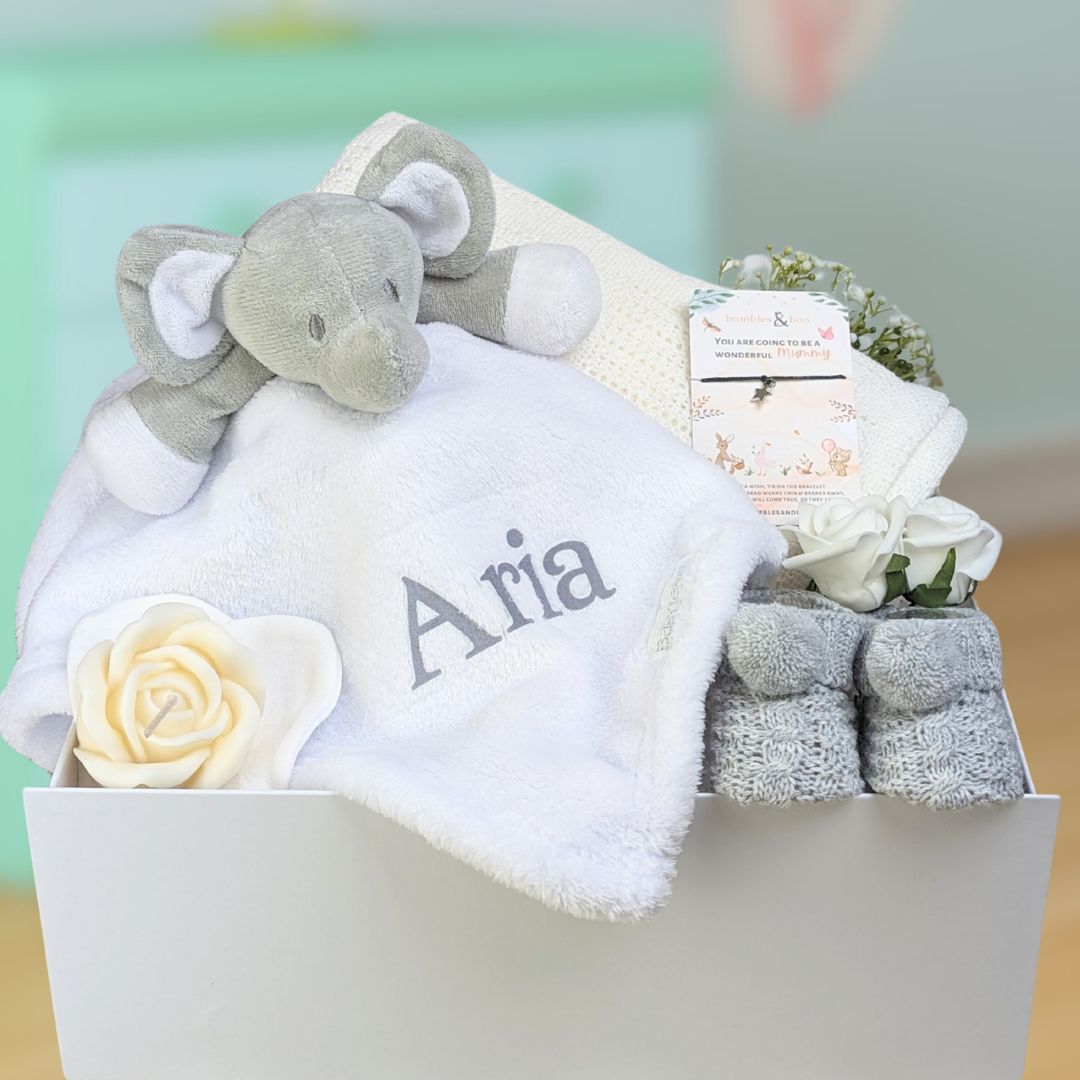 new mum and baby gift box with elephant theme.