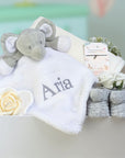 new mum and baby gift box with elephant theme.