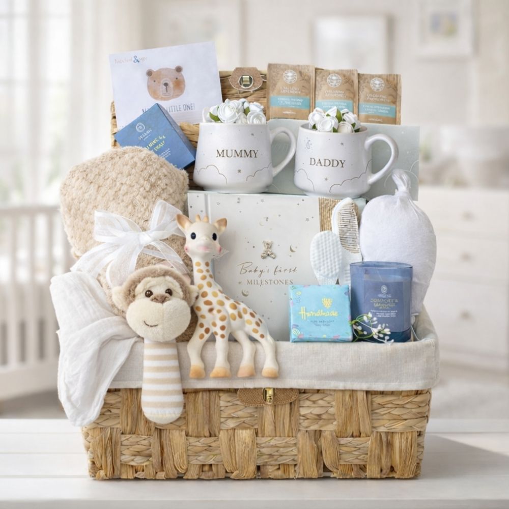 Large new mum and dad hamper basket with gifts including mugs and baby essentials 
