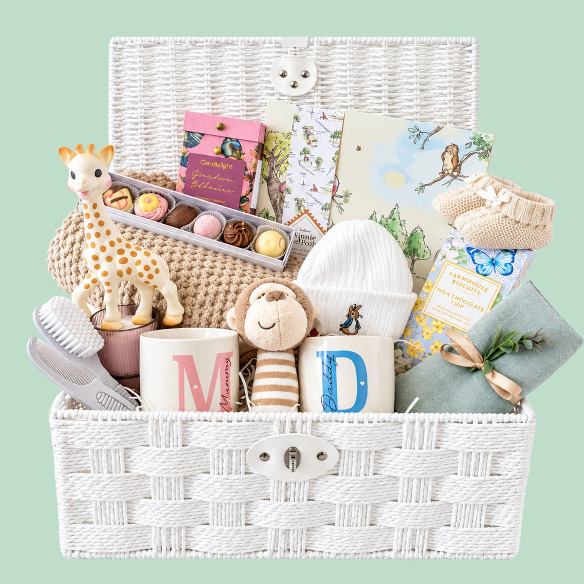 Large new mum and dad hamper basket with gifts including mugs and baby essentials 