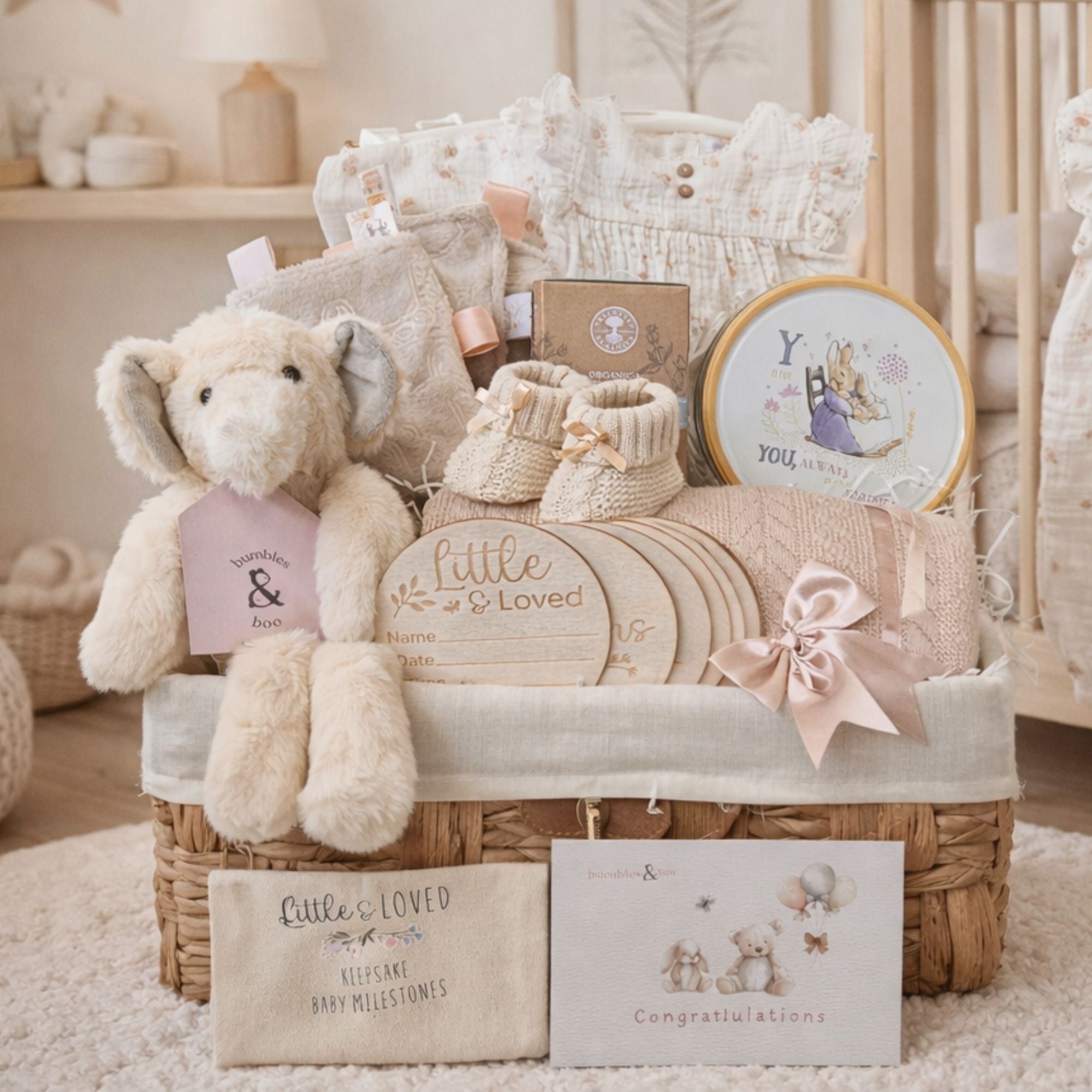 New mum gifts set with plush toys, biscuits and blanket in a hamper basket