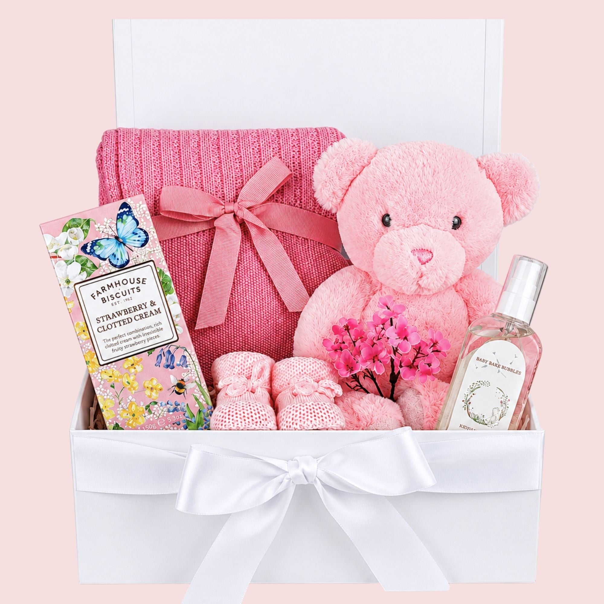 New mum hamper gifts with pink teddy bear and biscuits for mum
