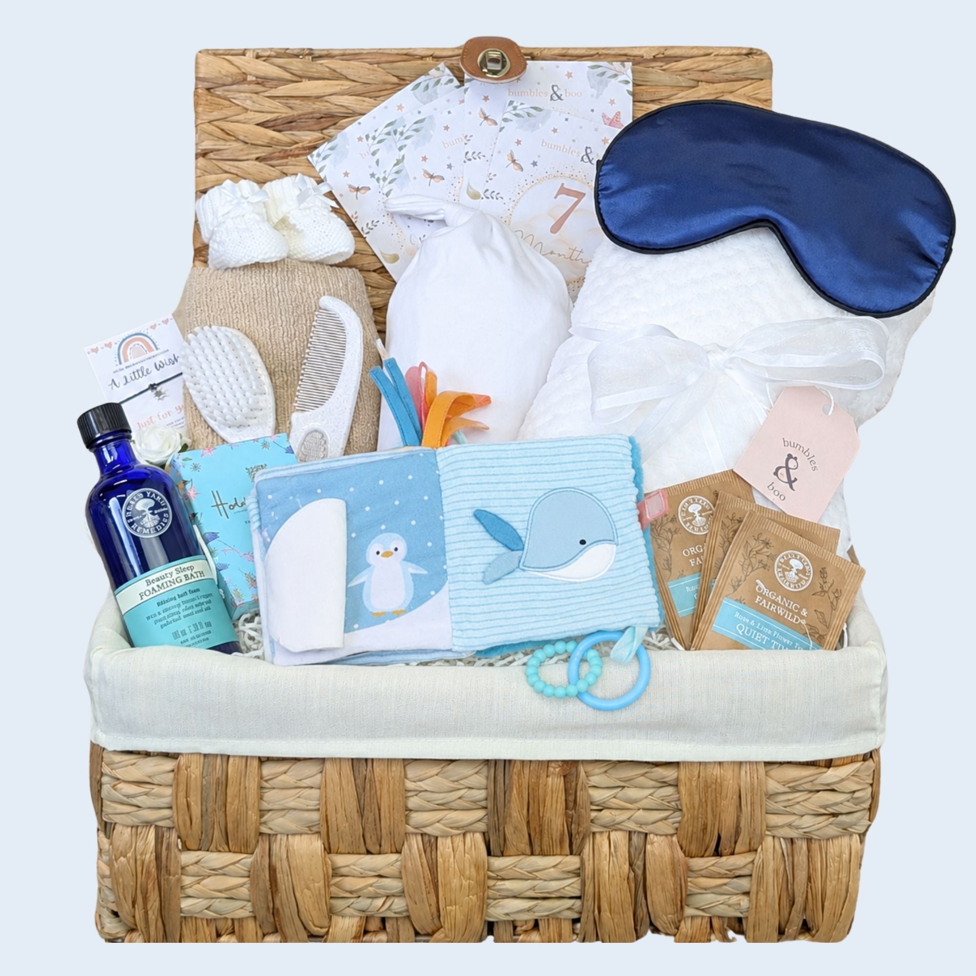 New mum gifts hamper basket with Neal’s Yard gifts for mum and baby. By Bumbles and Boo.
