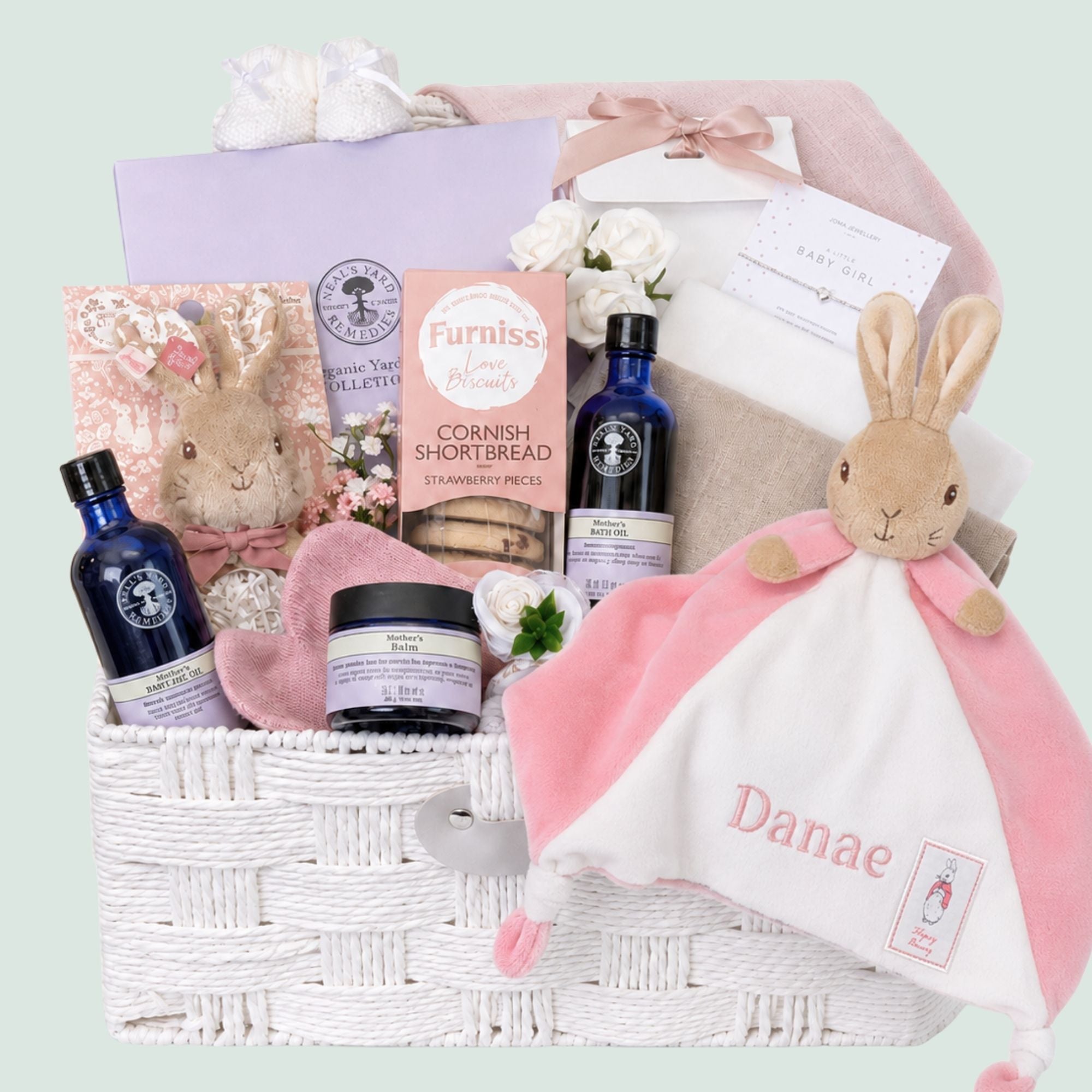 New Mum Gifts Hamper Basket filled with luxury skincare, baby presents. Designed by Bumbles and Boo. 