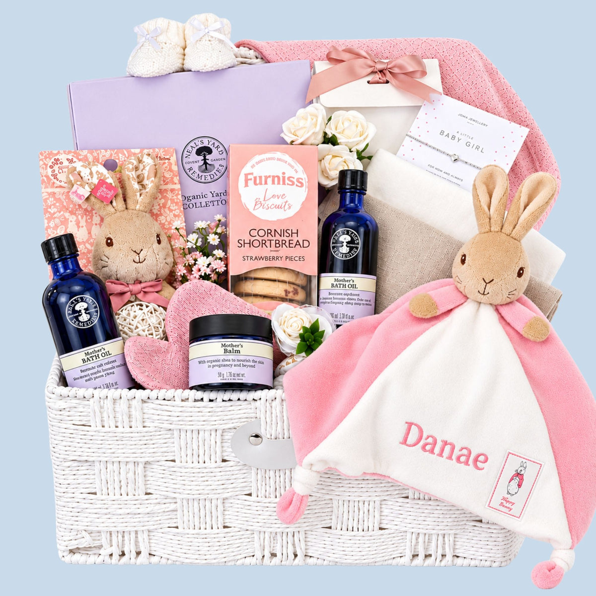 New Mum Gifts Hamper Basket filled with luxury skincare, baby presents. Designed by Bumbles and Boo. 