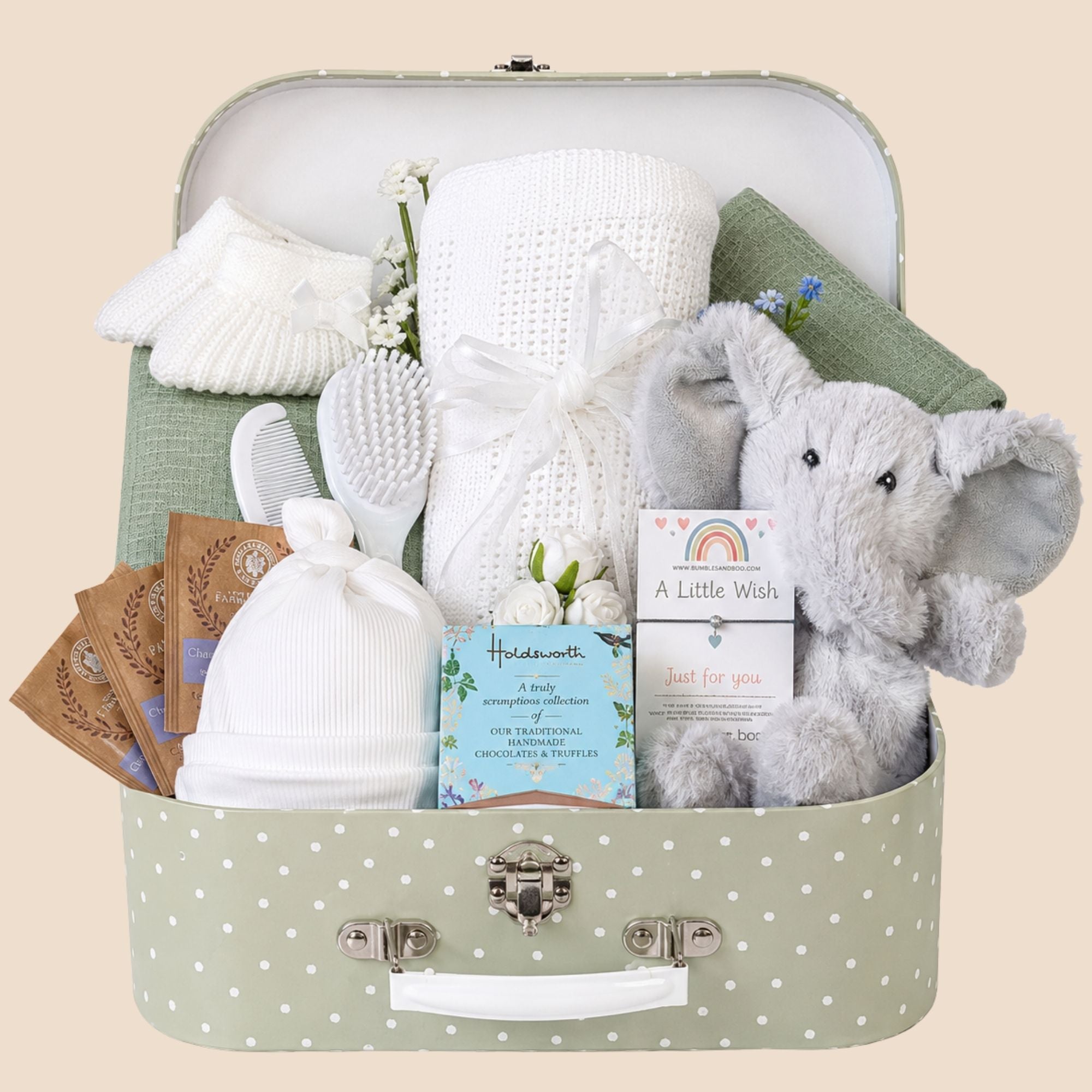 New mums gifts hamper with an elephant and chocolates. Bumbles and Boo.