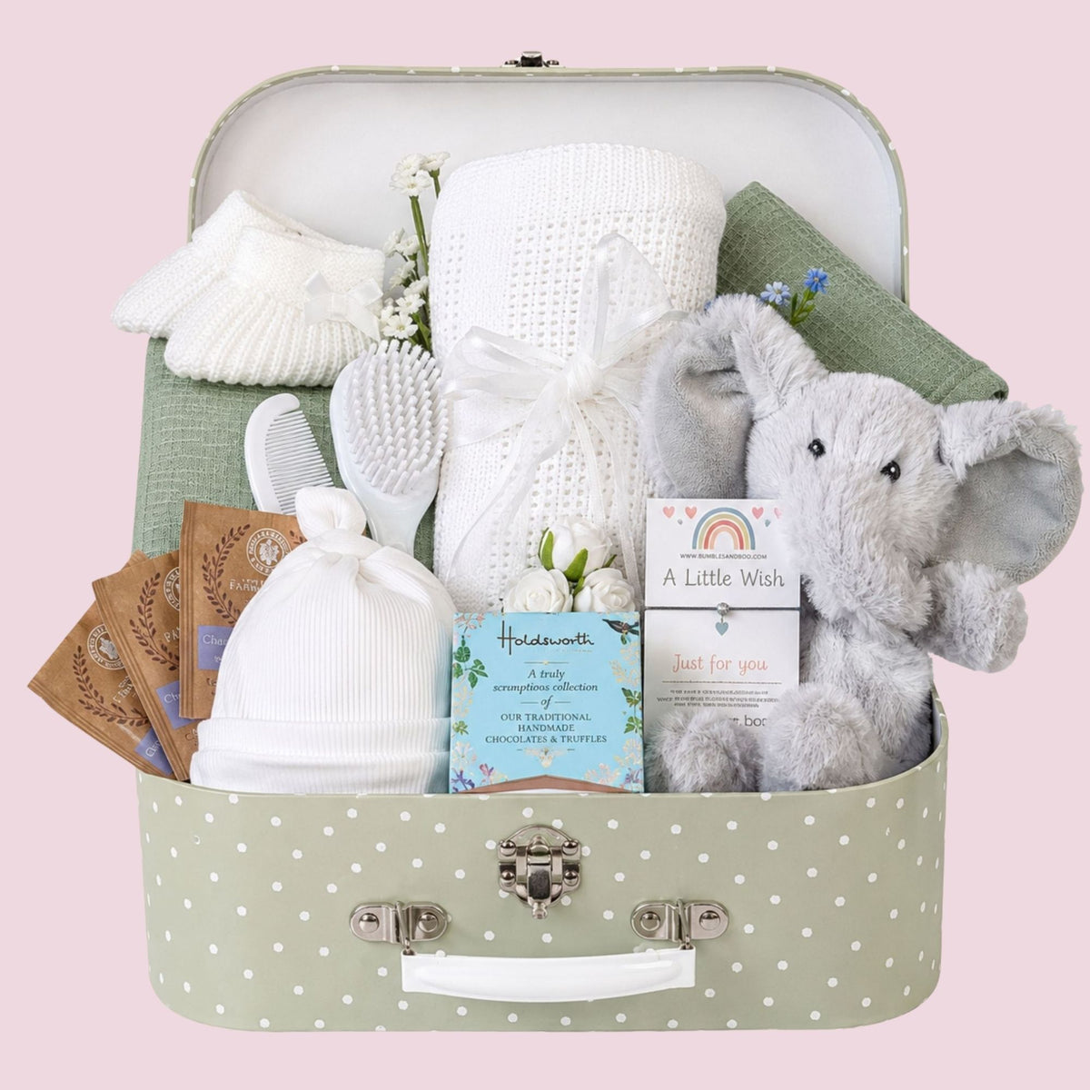 New mums gifts hamper with an elephant and chocolates. Bumbles and Boo.