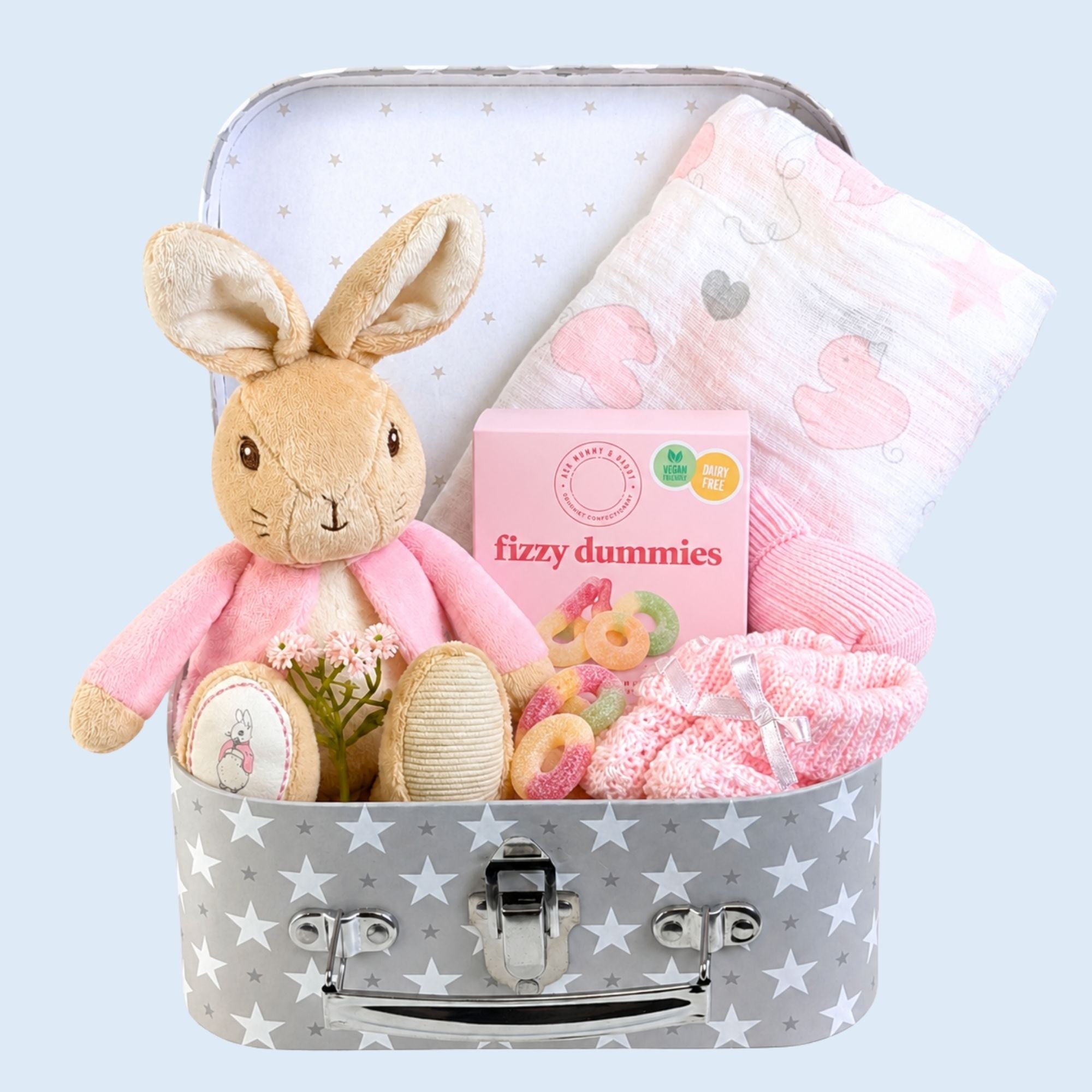 New mum gifts hamper with muslin, bunny soft toy baby booties baby socks and gift for mum.