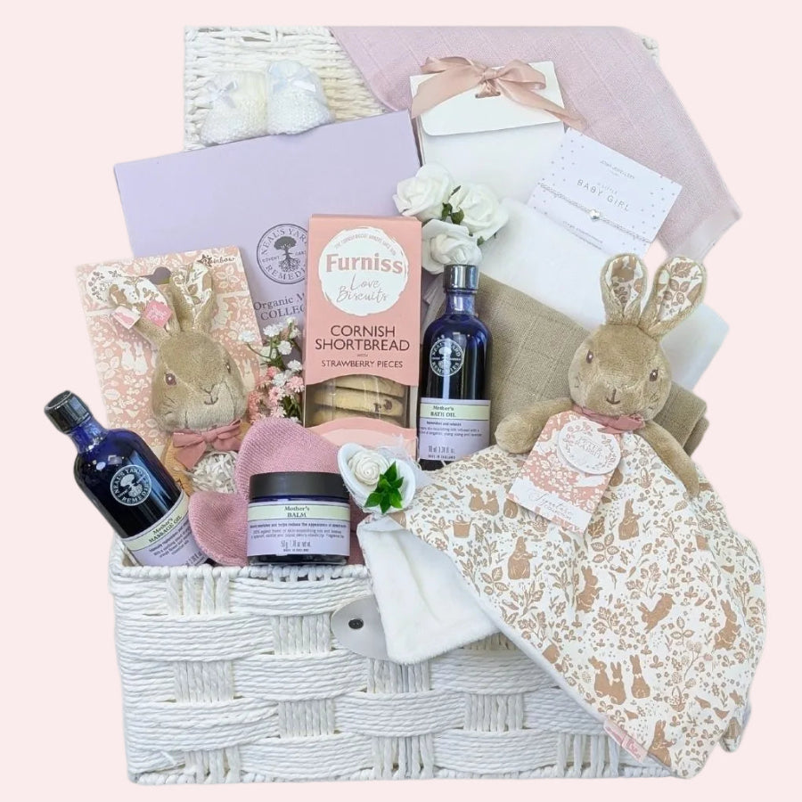 New Mum Gifts Hamper Basket filled with luxury skincare, baby presents. Designed by Bumbles and Boo. 