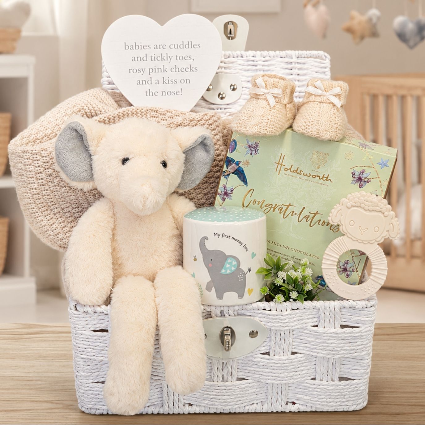 New mum hamper gifts set with plush toys, biscuits and blanket in a hamper basket