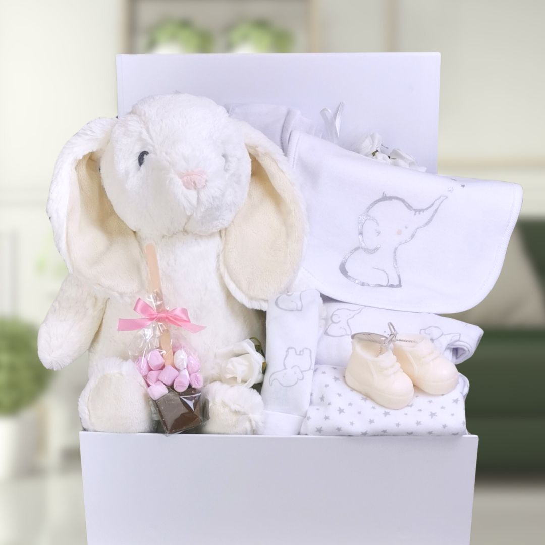 new mum gifts box with elephant clothing set and large cuddly bunny rabbit soft toy.
