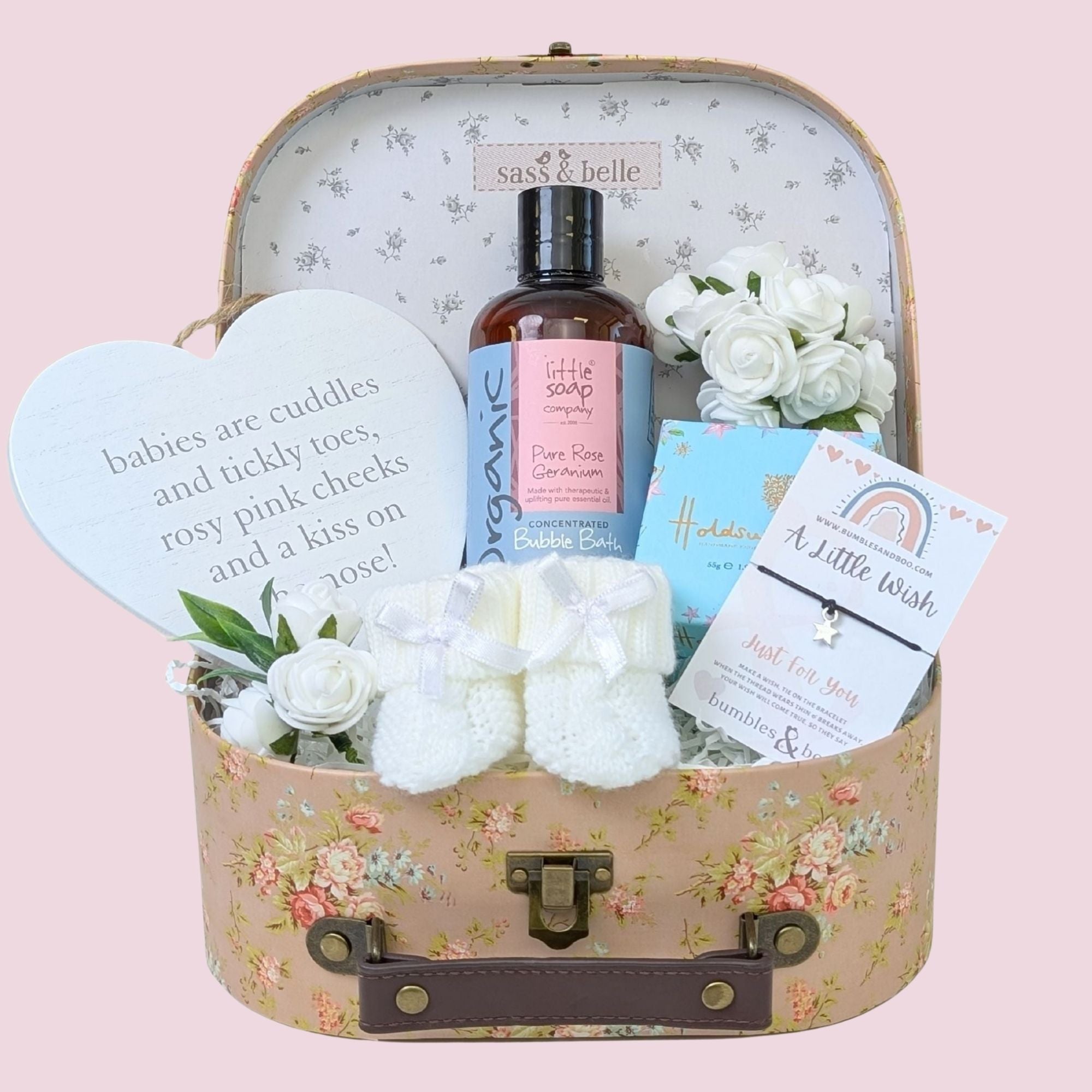 Small new mum gifts hamper with bubble bath and baby sign