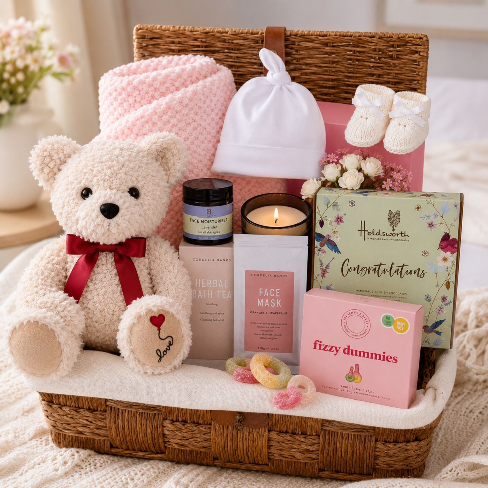 New mum gifts hamper with white steiff teddy bear and gifts for mum packed in a basket by Bumbles and Boo.