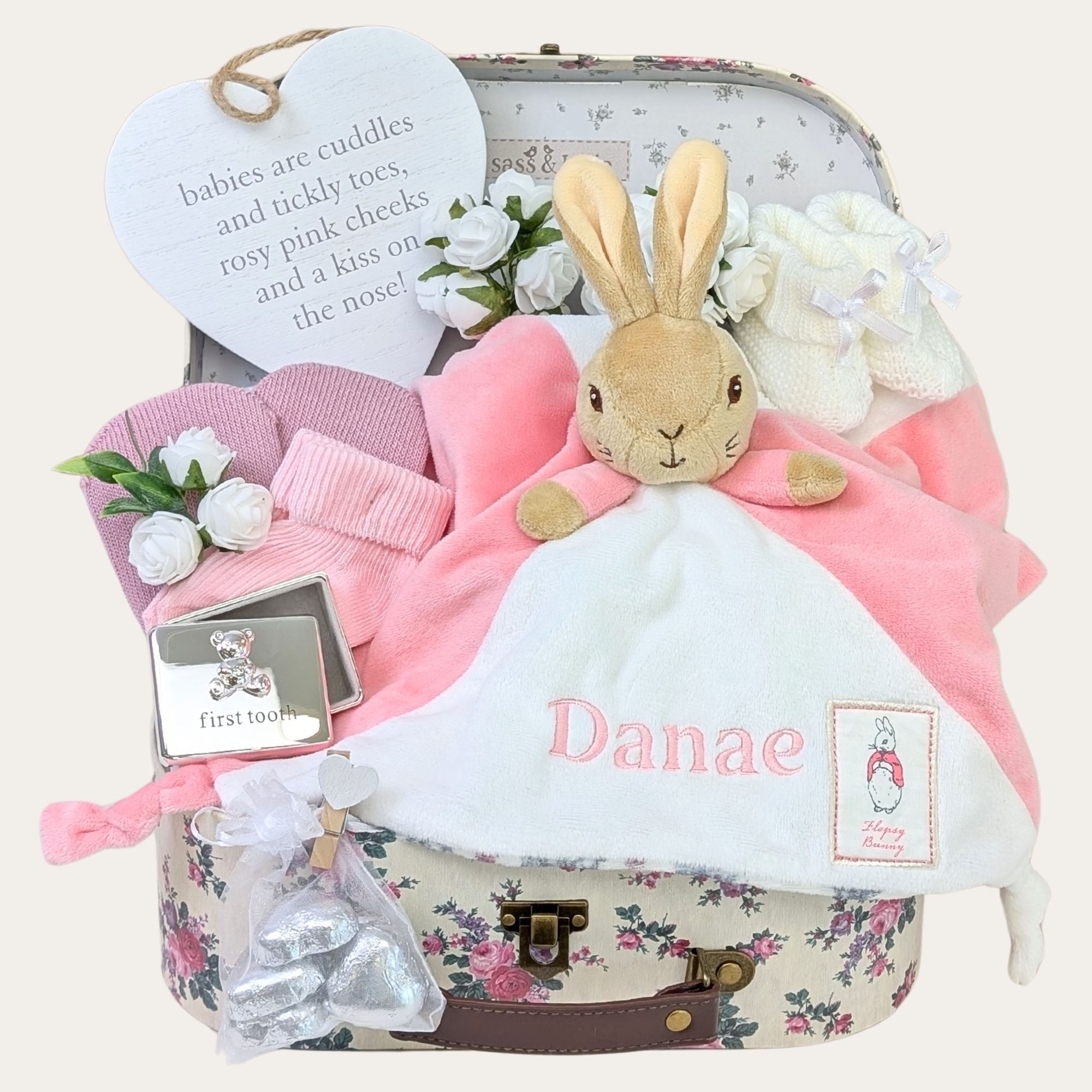 New Mum gifts hamper with Flopsy Bunny and silver keepsake box in a vintage style case. Bumbles and Boo.