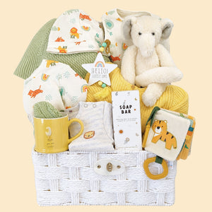 A new mummy gifts hamper with a yellow and green theme plus elephant and activity book.