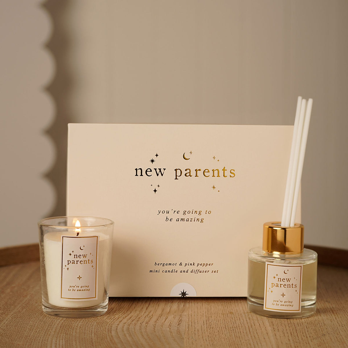 New parents candle and reed diffuser gift set in coordinating gift box