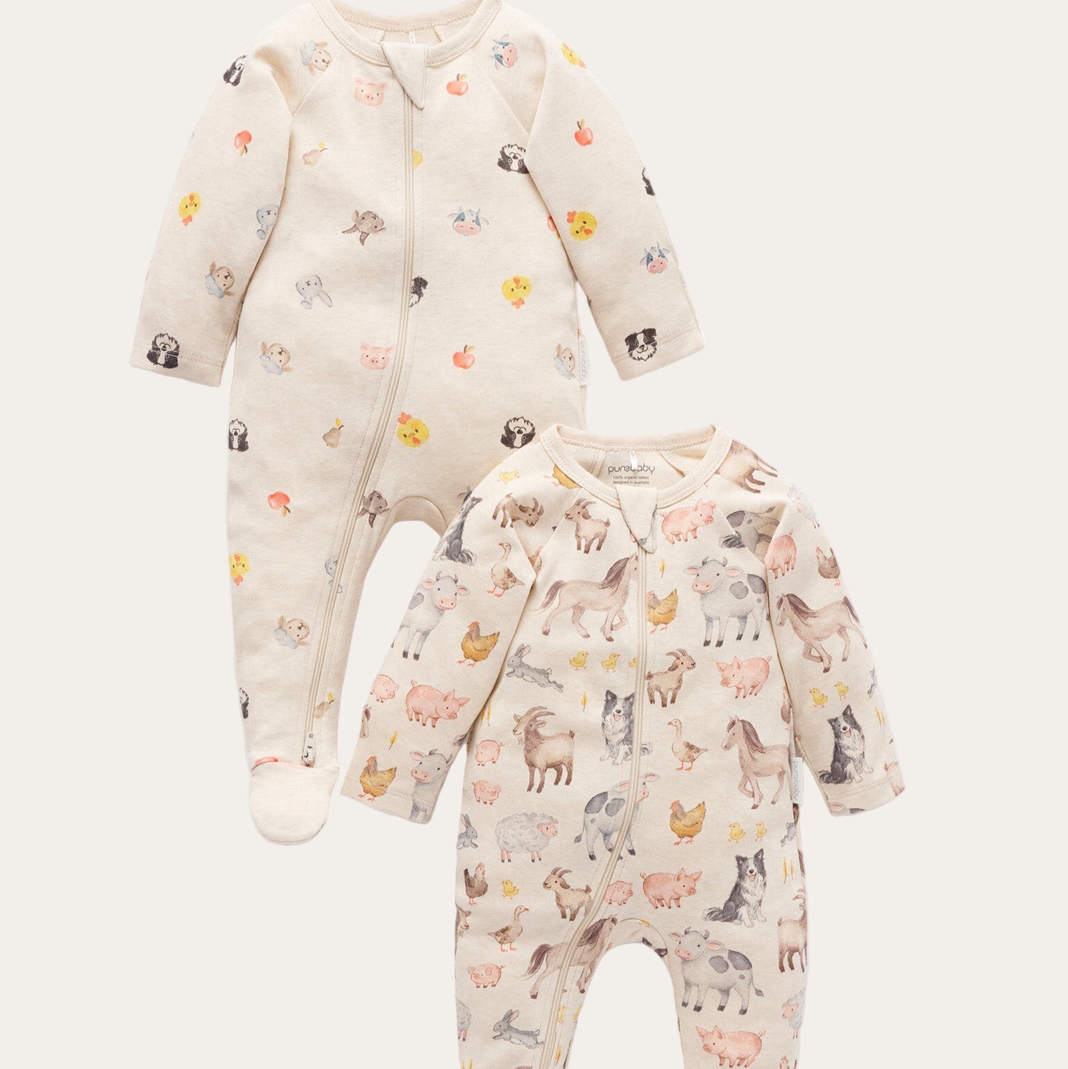 2 pack farm animal print baby grows with zips