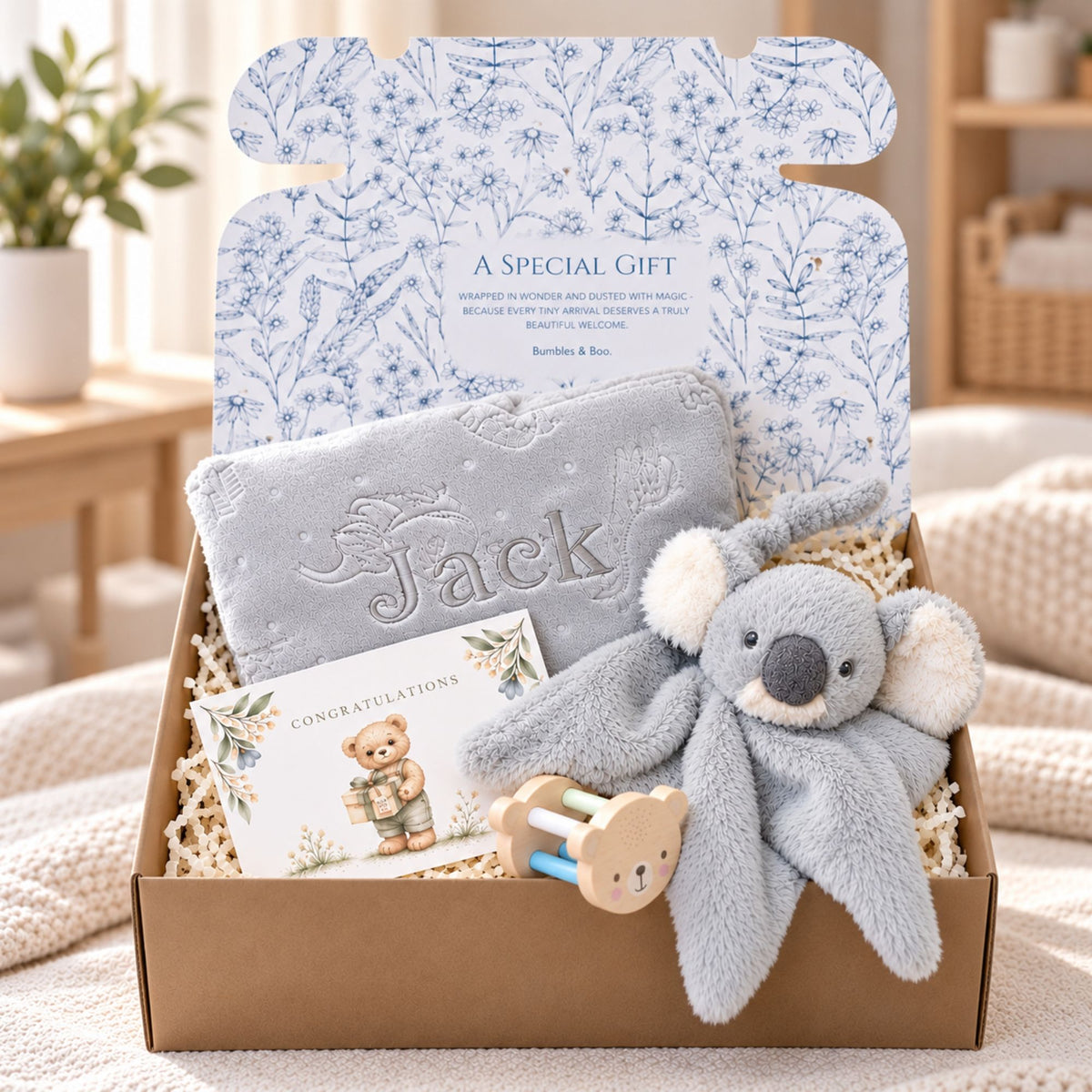 Newborn baby gifts box with a grey personalised baby blanket and koala baby comforter